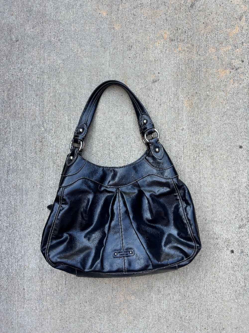 Vintage Y2K Nine West Black Slouchy Tote Bag with Contrast Stitching & Silver Ha